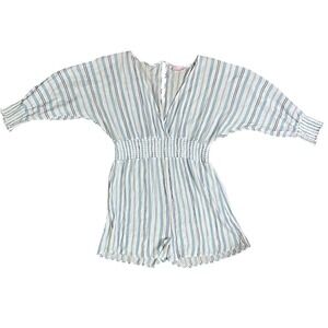Pink Lily Women's Romper‎ Blue White Striped V Neck Short Sleeve Smocked Waist